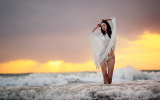 Woman beach sunset white dress 2 - cinematic photography free wallpaper
