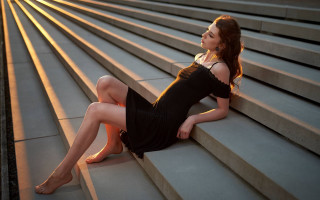 Elegant woman stairs blackdress barefeet - eszter mattioni free wallpaper