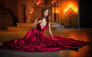 Woman red dress candles gothic - the floor in a room free wallpaper