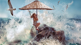 Woman jumping ocean parasol seagulls - david lachapelle free wallpaper