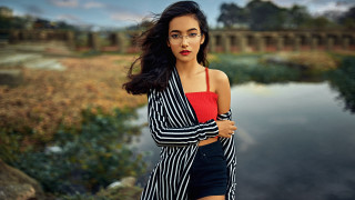 Woman glasses striped shirt pond - a pond free wallpaper