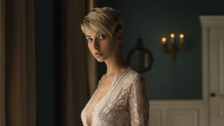 Woman white dress blue wall - art nouveau free wallpaper