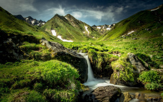 Small waterfall green valley mountains - a green grass free wallpaper