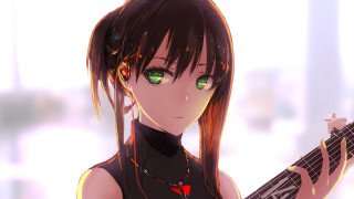 Girl green eyes guitar anime - anime art style free wallpaper