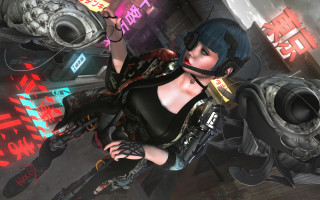 Futuristic woman cyberpunk neon gun - a futuristic outfit holding free wallpaper