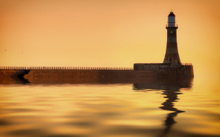 Lighthouse fence sunset impressionism matte - volumetric light free wallpaper