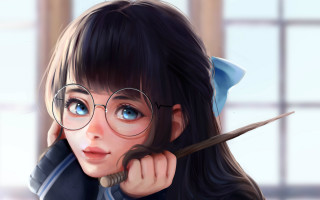 Girl glasses cat ears scissors - her head holding free wallpaper