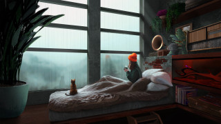 Cat bed room window fox - a digital painting free wallpaper