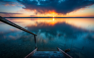 Boat sunset cloudy water mountain - lake free wallpaper