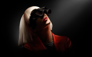 Woman redjacket blackmask lighting portrait - artist free wallpaper for desktop