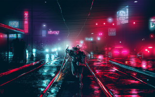 Neon cyberpunk traintrack night skyline - a neon light free wallpaper