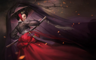 Woman red dress umbrella broom - chen chun free wallpaper