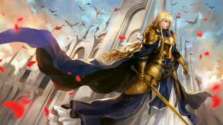 Golden armor woman sword cape - a purple cape free wallpaper