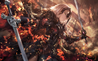 Woman sword fire flames smoke - area free wallpaper