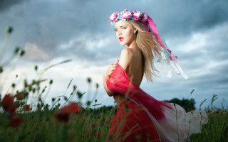 Woman red dress flower crown - artur tarnowski free wallpaper