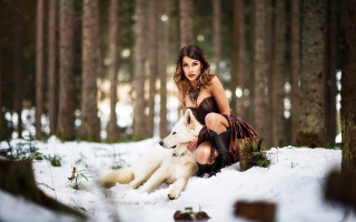 Woman snow dog forest fashion - free dogs wallpaper for desktop
