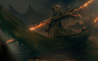 Woman boat flames sword fire - art greg rutkowski free wallpaper