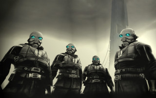 Gasmask group dieselpunk antipodeans glowing - a tall building in the background free wallpaper