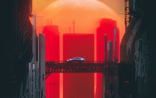 Car bridge sunset graffiti retrofuturism - a car driving free wallpaper