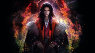 Woman kimono fire flames dark - eishōsai chōki free wallpaper