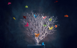 Colorful origami birds tree dark - a black backdrop free wallpaper