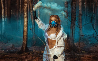 Woman white outfit gun forest - biopunk free wallpaper