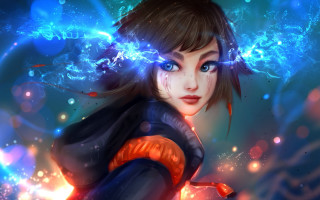 Blue eyes cyberpunk aurora fire - art station free wallpaper