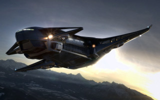 Futuristic airplane mountains sunset clouds - star citizen halo free wallpaper