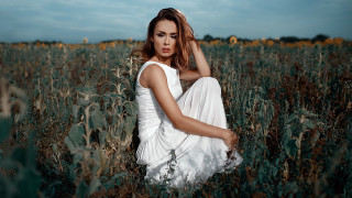 Woman white dress field tall 3 - a white dress free wallpaper for desktop