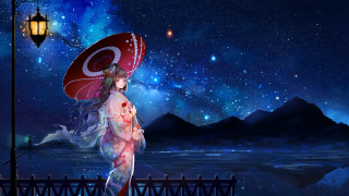 Kimono umbrella night sky stars - a full moon behind her free wallpaper