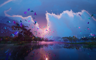 Sunset kites lake mountains fantasy - a painting of a sunset free wallpaper