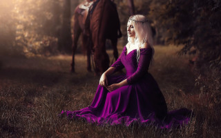 Woman purple dress horse forest - a horse in a forest free wallpaper