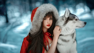 Red dress husky snowy forest - husky free wallpaper for desktop
