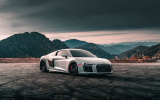 White sports car mountains cloudy - cubofuturism free wallpaper for desktop