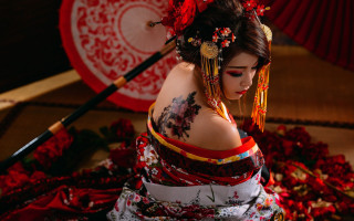 Woman tattoo red umbrella kimono - tattoo free wallpaper for desktop