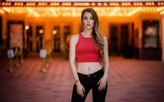 Woman red top building neon - barbara greg free wallpaper