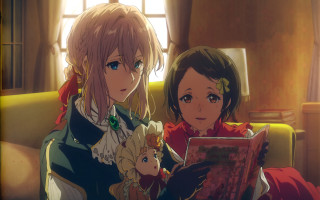 Anime girls couch reading window - a book together free wallpaper