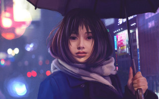 Woman umbrella night city rain - night time in a city free wallpaper