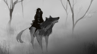 Foggy forest horse wolf sketch - a person riding free wallpaper