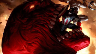Man riding giant red demon - alex ross free wallpaper