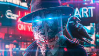 Neon city man hat bird - cyberpunk style free wallpaper