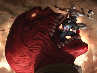 Man riding giant red monster - the back free wallpaper for desktop