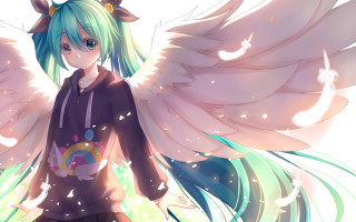 Girl green hair wings halo - artist free wallpaper
