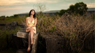 Woman yellow dress sitting bush - chen chi free wallpaper