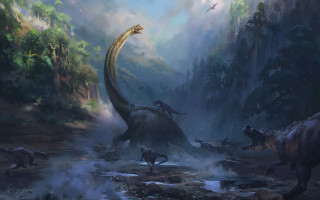 Dinosaur forest animals bird fantasy - art greg rutkowski free wallpaper