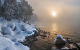 River snow rocks sun fog - andrey ryabovichev free wallpaper for desktop