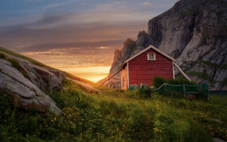 Red house hillside mountain sunset - a lush green hillside next free wallpaper