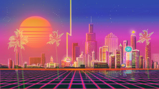 Futuristic city neon sunset grid - retrowave free wallpaper
