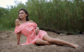 Woman pink dress beach sand - american barbizon school free wallpaper