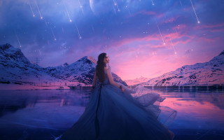 Woman mountain night star dress - a long dress free wallpaper